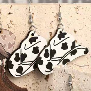 Black and White Cow Hide Pattern Western Cowboy Cowgirl Hat Earrings